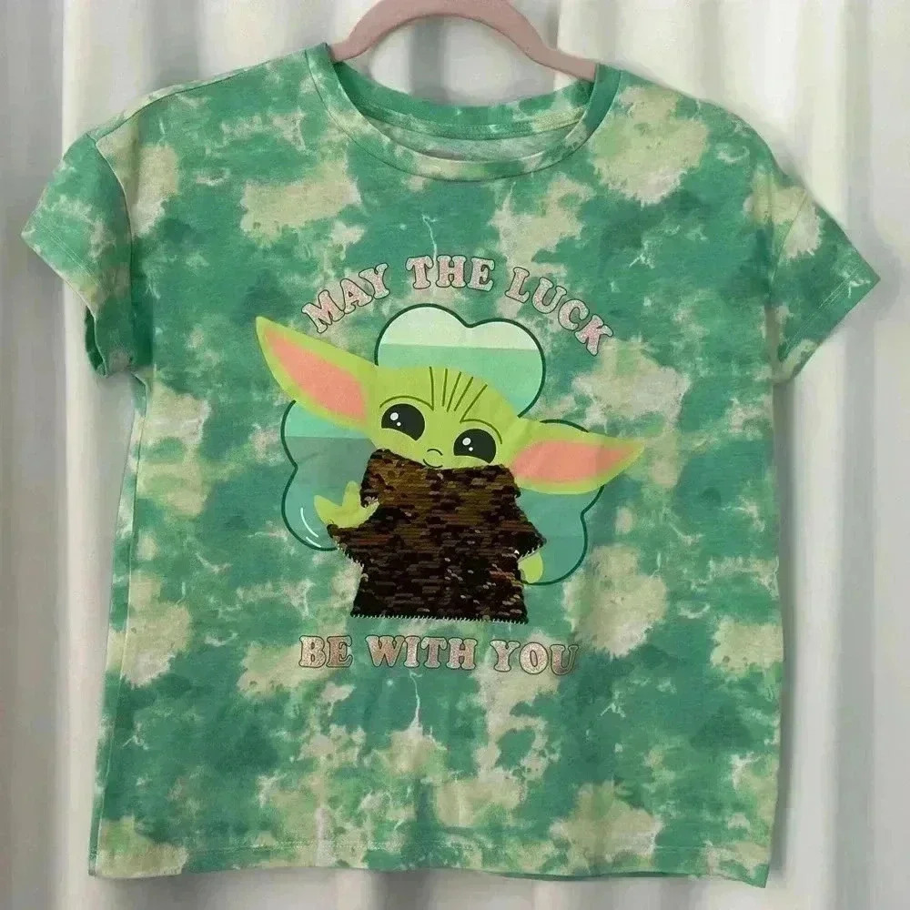 Star Wars Girls Yoda Flip Sequins Short Sleeve Green T-shirt (600)